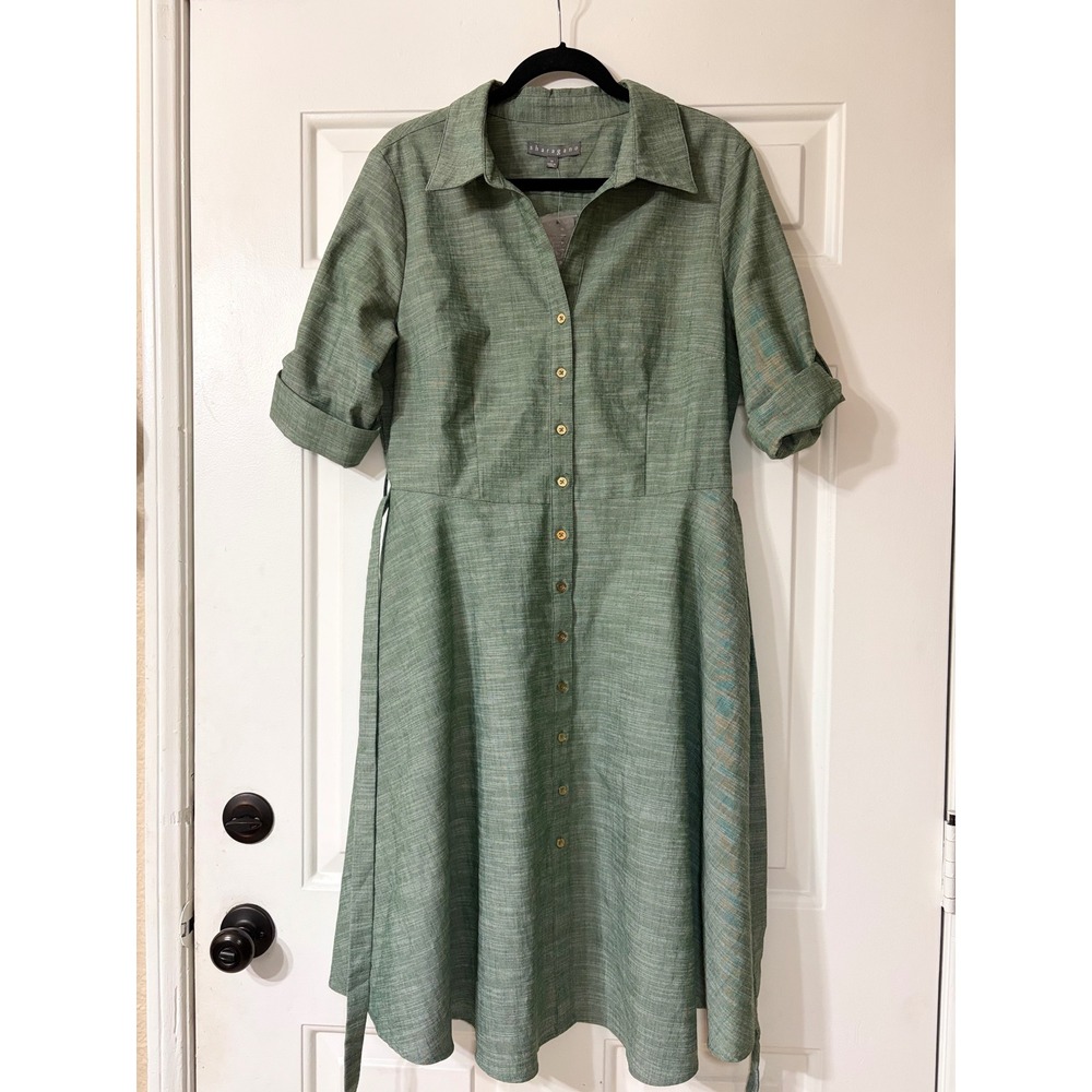 Sharagano | Button Front Linen Blend Shirt Dress | 14 || Sage Green|